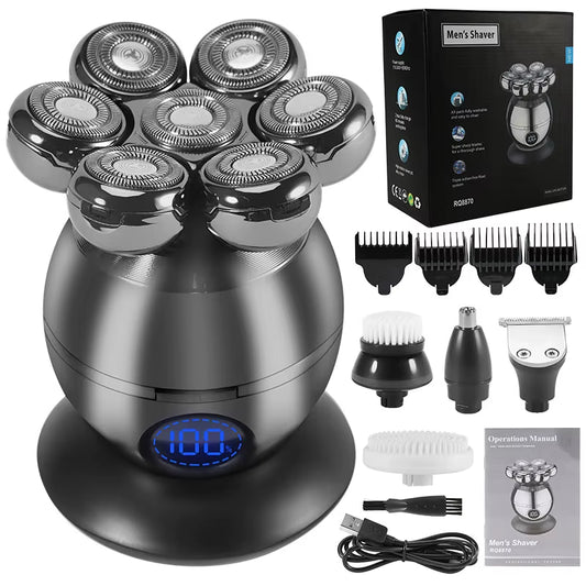 7D Floating Electric Shaver – 5-in-1 Bald Head & Beard Trimmer, IP68 Waterproof, USB Charging