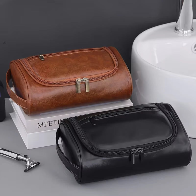 Premium Retro PU Leather Travel Toiletry Bag for Men and Women - Waterproof Cosmetic Organizer