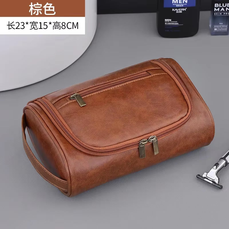 Premium Retro PU Leather Travel Toiletry Bag for Men and Women - Waterproof Cosmetic Organizer