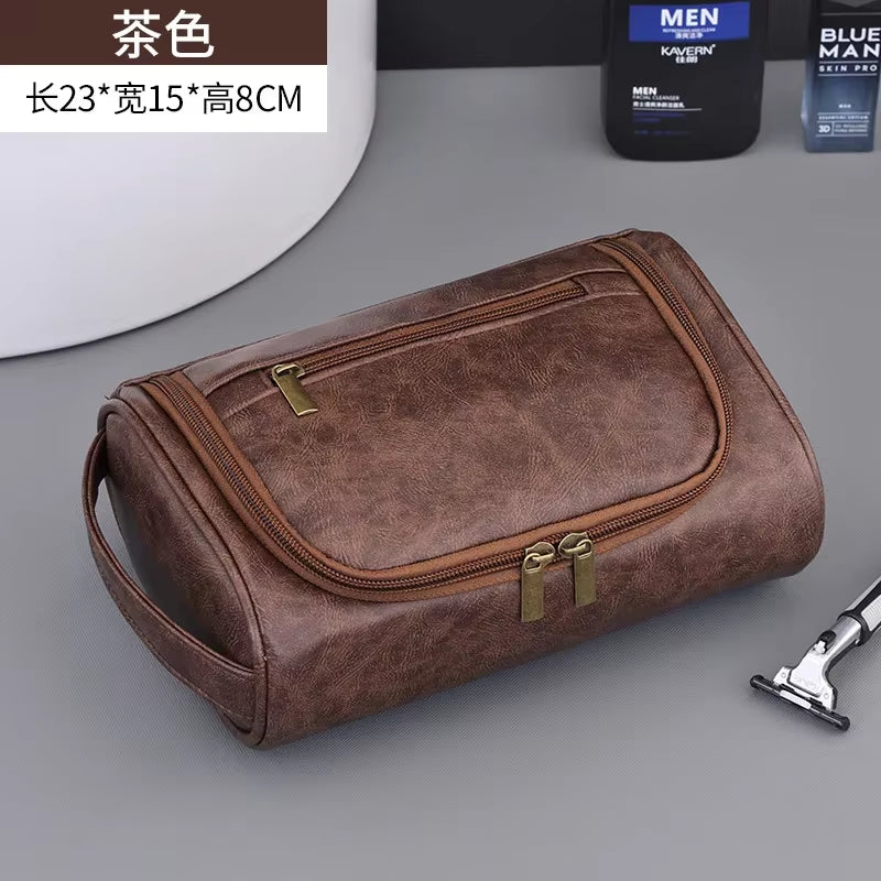 Premium Retro PU Leather Travel Toiletry Bag for Men and Women - Waterproof Cosmetic Organizer